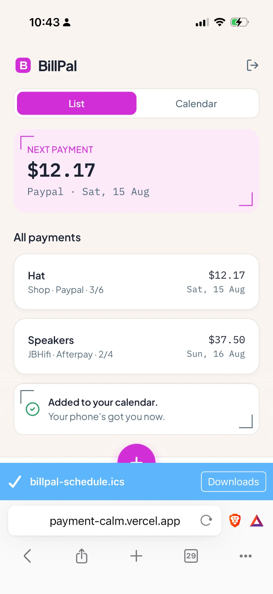 Prototype A screen 2 — BillPal BNPL tracker