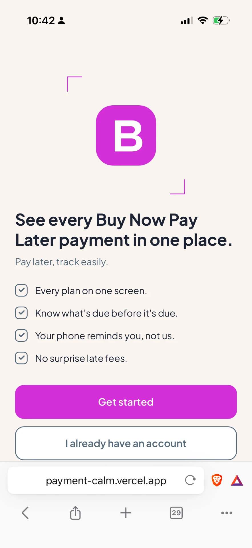 Prototype A screen 1 — BillPal BNPL tracker